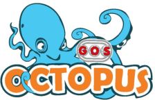 Logo Parku Wodnego Oktopus. Ośmiornica leżąca na napisie oktopus