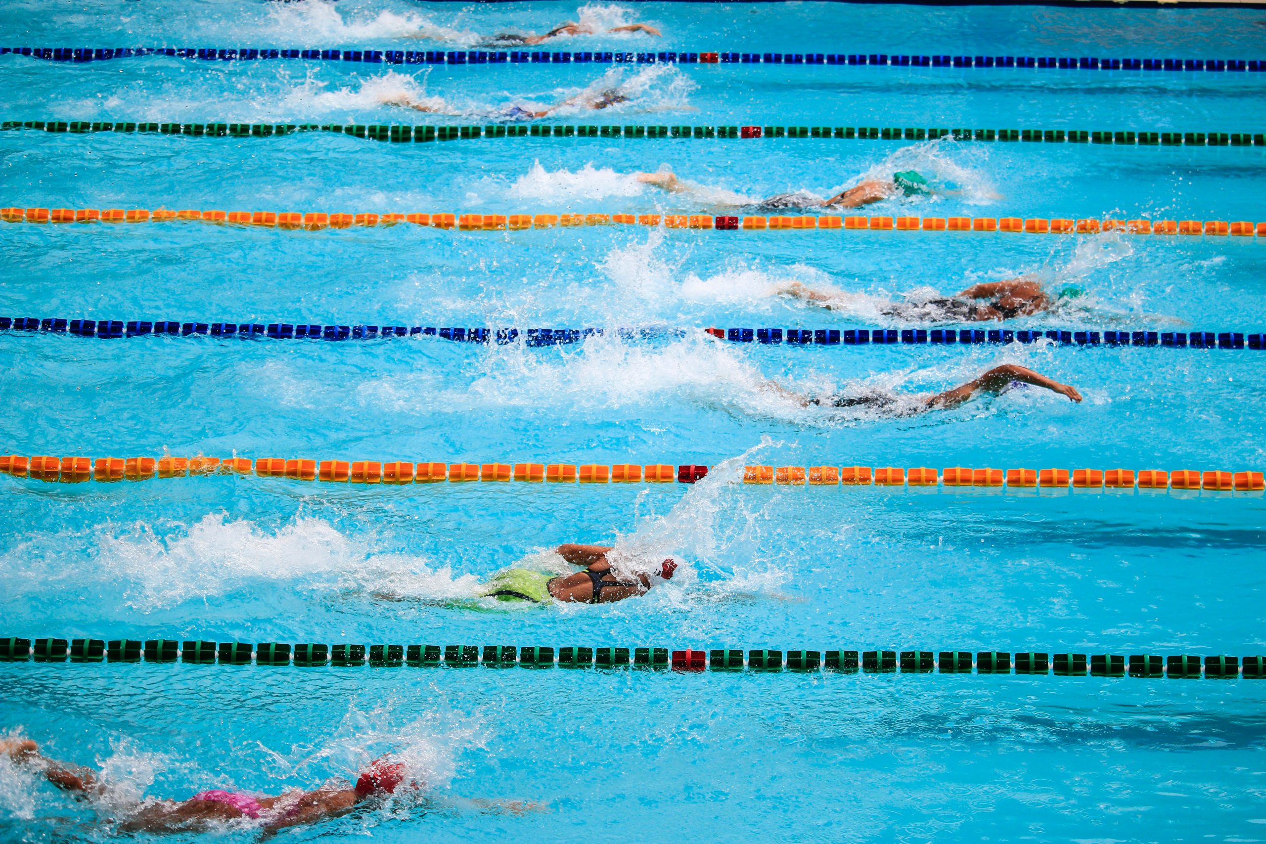 Zawody pływackie. Siedmioro zawodników płynie stylem dowolnym. Widok z boku
